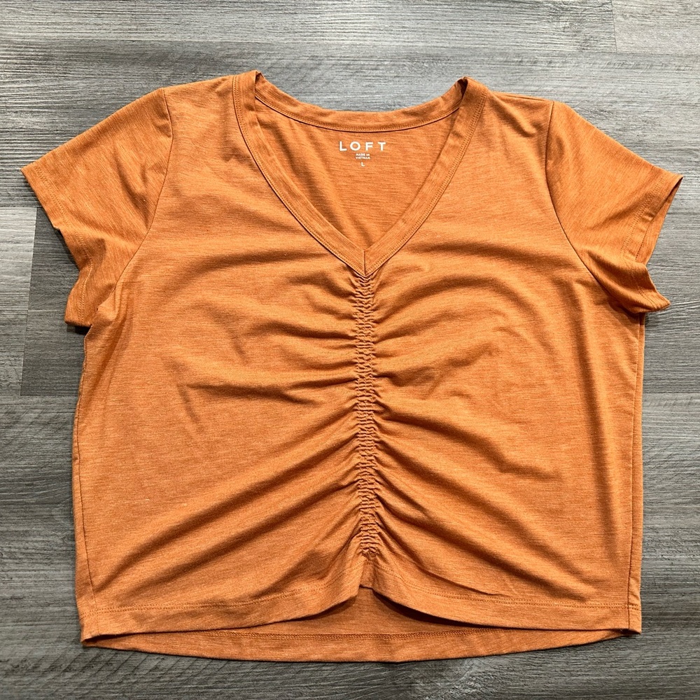 LOFT Gold V-neck Short Sleeve Ruched Crop Top
